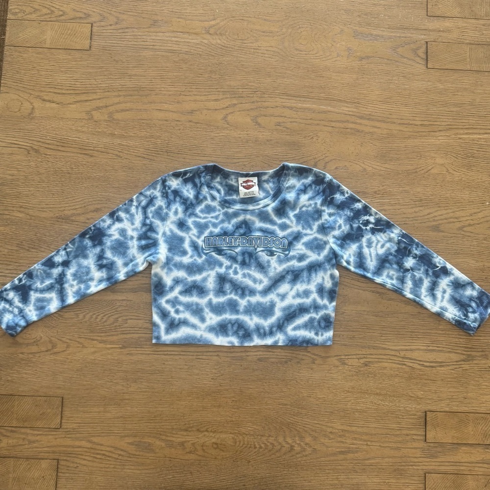 Vintage 2004 Harley Davidson Blue and White Tie-Dye Long Sleeve Tee Made in USA